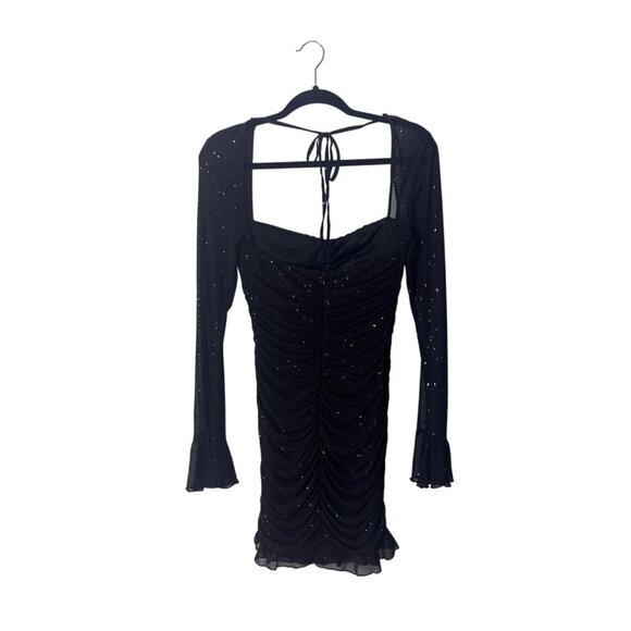 Black Ruched Long Sleeve Mini Dress With Glitter Accents & Tie Back - Picture 2 of 4